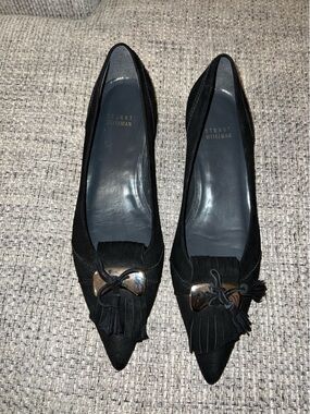 Stuart Weitzman Black Suede Tassel Loafers with Metal Accent
